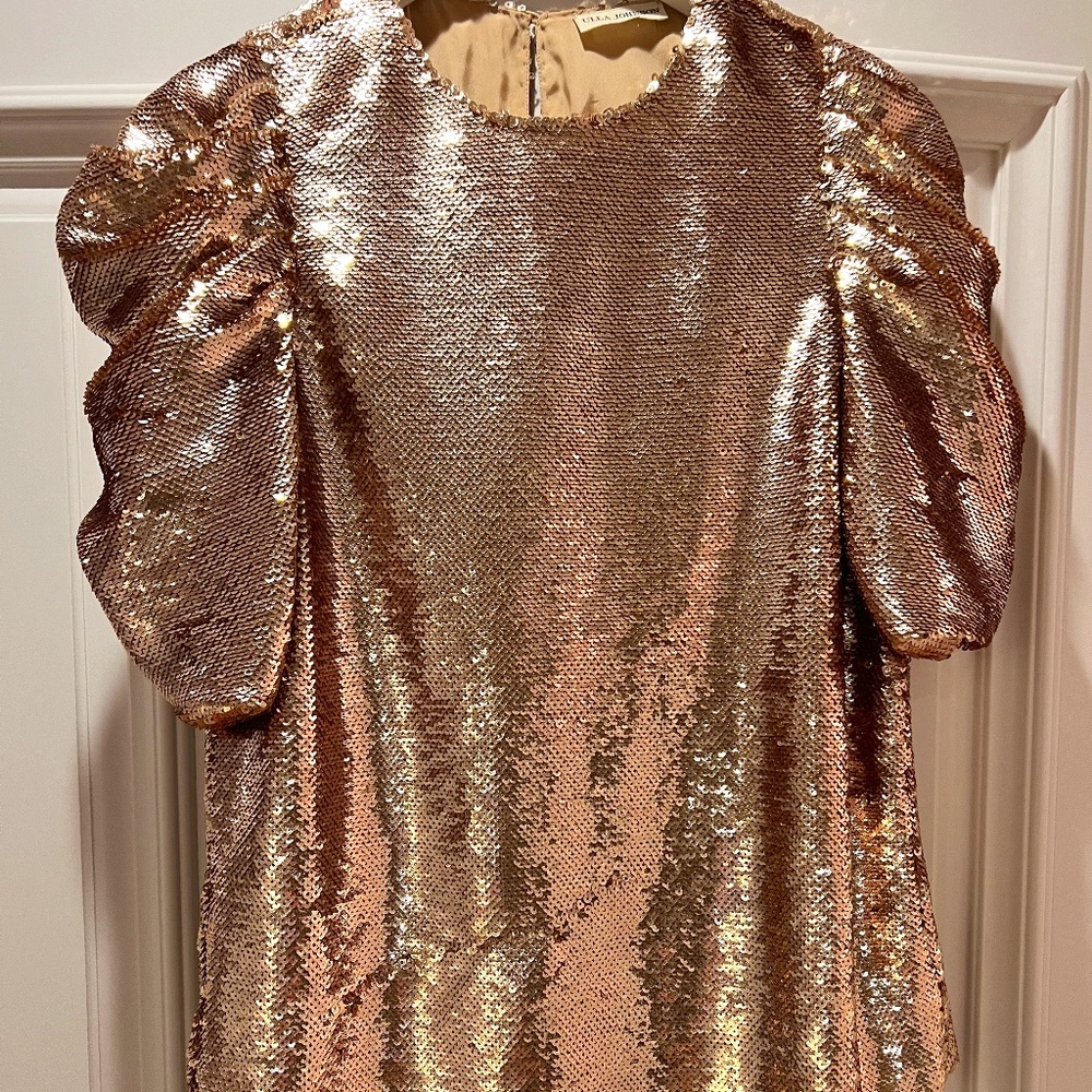 ULLA JOHNSON BLUSH PINK/GOLD SEQUIN PUFF SLEEVE BLOUSE